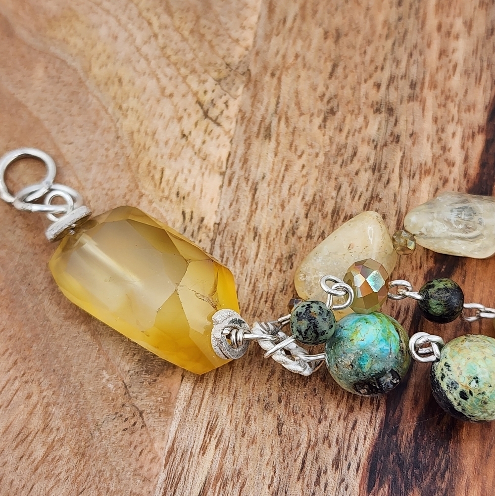 RAW CITRINE, AFRICAN TURQUOISE & CRYSTAL DANGLING HANDMADE BRACELET STERLING 6.5 - Picture 8 of 14